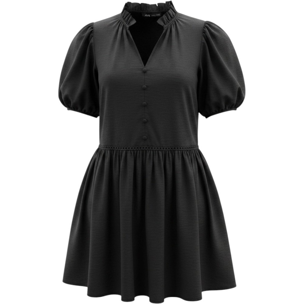 Zara Black Puff Sleeve Ruffle Neck‎ Mini Dress Dropped Waist Medium
